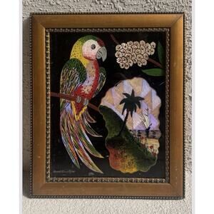 Vintage Brazilian Reverse Painted Glass Parrot Art Santos Framed Folk Art PEARL